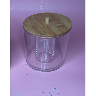 Контейнер для хранения ватных дисков широкий с деревянной крышкой 